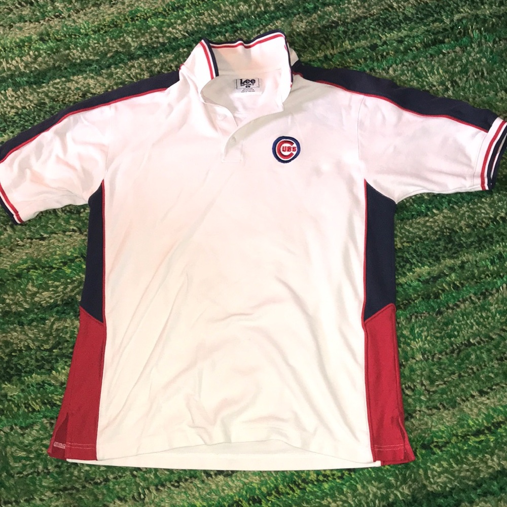 Chicago Cubs White Polo Shirt Red Navy Accents Lee Sport Mens Large MLB